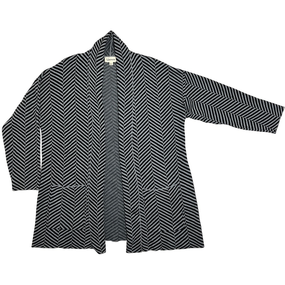 525 Seven Women's Large Black Gray Chevron Stripe Open Front Cardigan Sweater‎